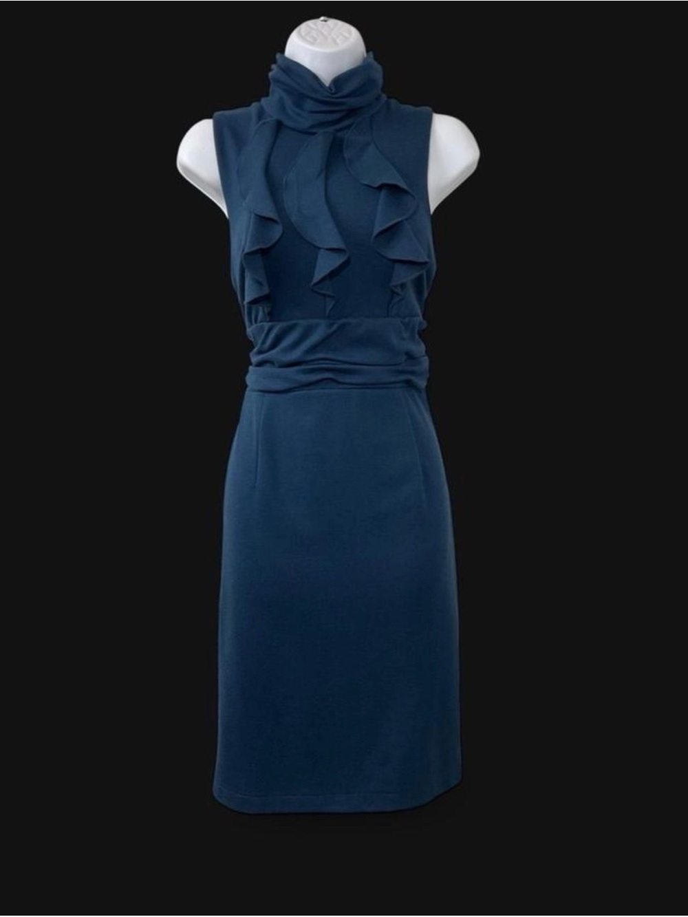 Adrianna Papell Navy Blue Ruffle Neck Midi Dress